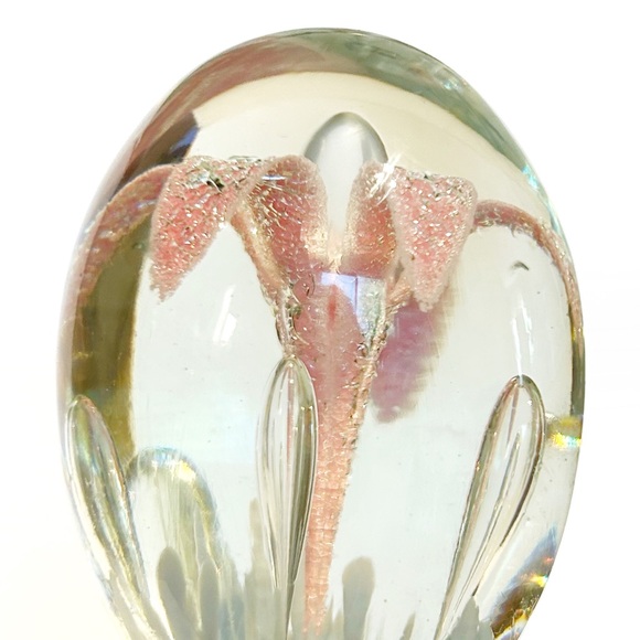 Decorative Blown Art Glass Pink Lily Flower Floral Blue Paperweight Bauble Decor - Picture 13 of 16